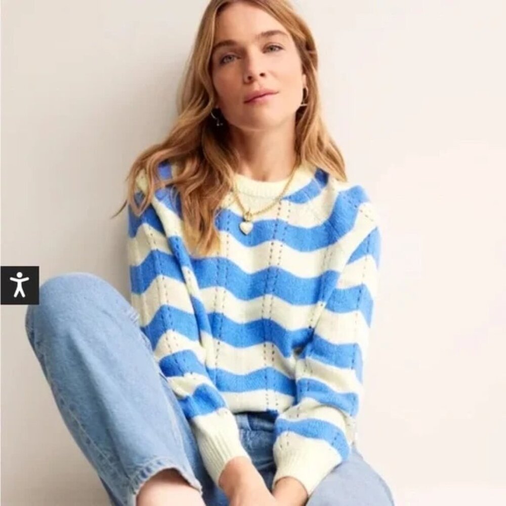 NWOT Boden Blue and Warm Ivory Fluffy Wave Sweater Size L